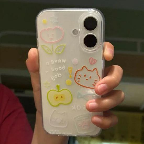 Прозрачный чехол с рисунком зеленого яблока и кошки для Apple 17 Pro Max/16/15/14/13 Pro