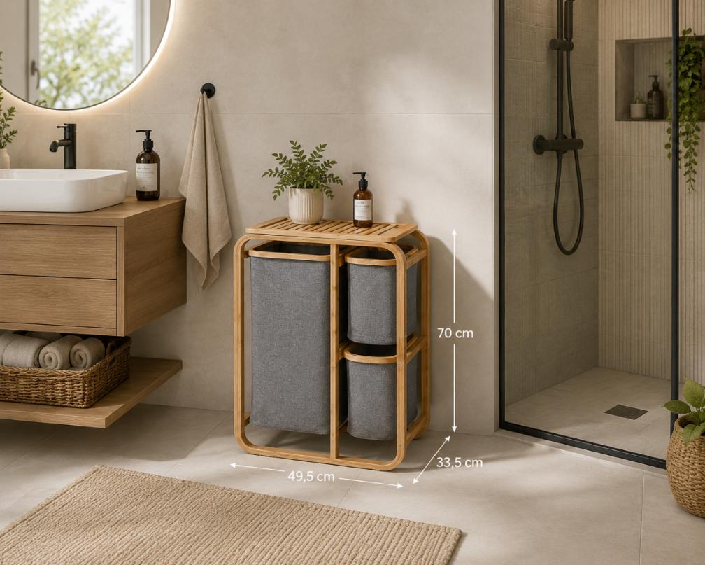 Large Bamboo Laundry Basket, Three-Compartment, Gray,