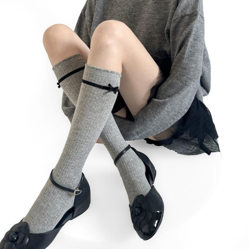 Sweet Style Bow Tie Short Stockings in Gray, with Wooden Ear Decorations To Enhance Leg Shape, Vertical Stripe Tights.