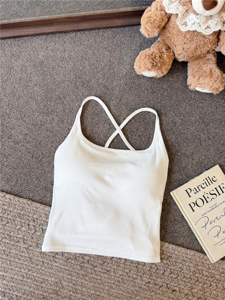 Back Lace-Up Cross Spaghetti Strap Camisole Built In Chest Pads Slim Crop Tank Top Black White Blue Wine Red Women Hollow Back Summer Sleeveless Vest