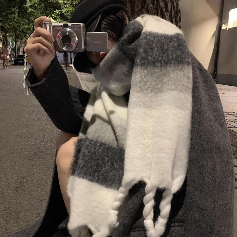 High Sense Gradual Change Color Black and White Striped Mohair Extended Large Version Scarf Imitation Cashmere Thickened Warm Shawl