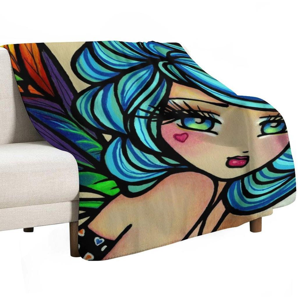 Fairy with Blue Hair and Colorful Wings Fantasy Art Throw Blanket Soft Sherpa Fleece Warm Blanket for Winter