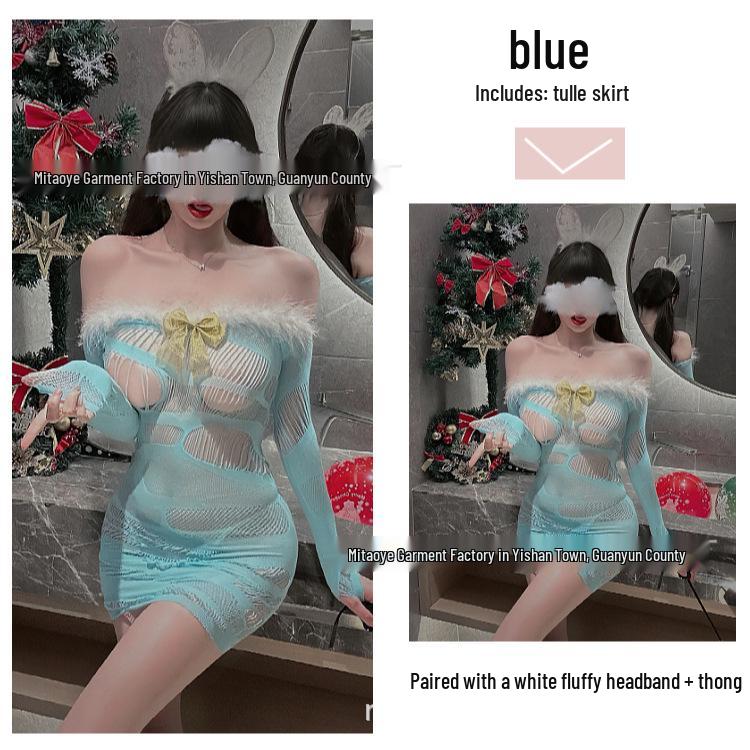 Christmas Off-Shoulder Plush Mini Dress: Sexy Cutout Long Sleeve Bodycon Mesh