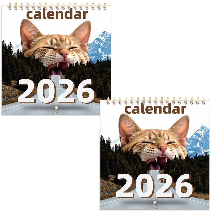 2026 Cat Themed Wall Calendar Amusing Cat Image with Mountain Road Great for Gifting & Adding Fun To Your Space