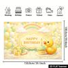 Yellow Duck Theme Birthday Backdrop, Cute Duck with Cupcakes, Gift Boxes and Rainbow Balloons, Fresh Macaron Tones, Durable Polyester, No