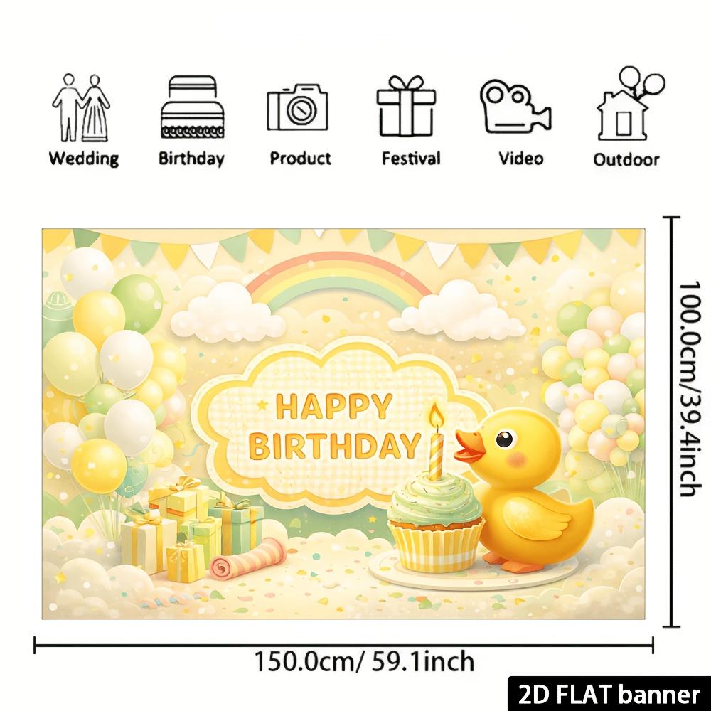 Yellow Duck Theme Birthday Backdrop, Cute Duck with Cupcakes, Gift Boxes and Rainbow Balloons, Fresh Macaron Tones, Durable Polyester, No