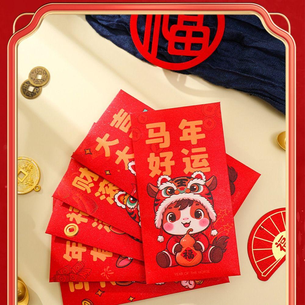 6Pcs/Set Cute 2026 Horse Year Red Envelope Traditional Paper Blessings Printing The Year of The Horse Money Envelope Red Packet
