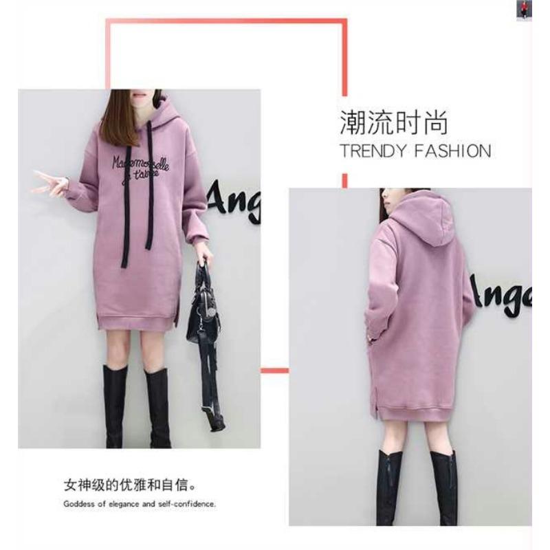 Women S Loose Fleece Hooded Mid Length Embroidered Letter Sweatshirt