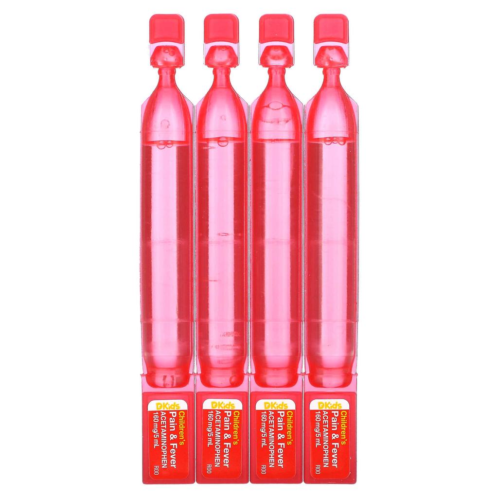 DrKids, Боль + Жар для детей, Возраст 2-11 лет, Вишня, 4 предварительно отмеренные флакона для однократного применения, 5 мл (0,17 жидких унций) каждый