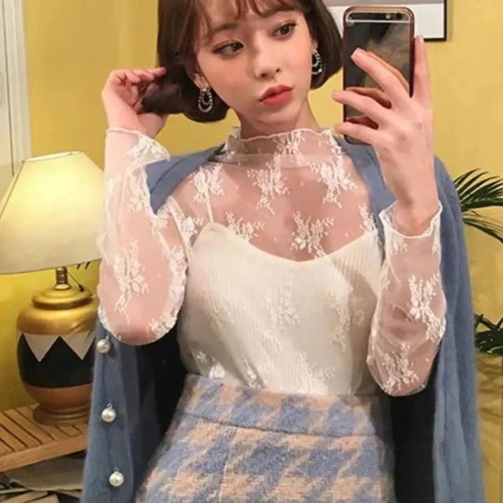 Long Sleeve Lace Bottomed Blouse Hollow Lace Floral Shirts Elegant See Through Tops Girls