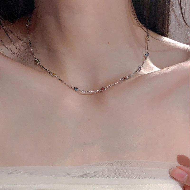 Good Square and Minimalist Fashion Fine Clavicle Chain Colored Stone Women's Light Luxury Gifts Women Necklace Wear Daily Accessorize