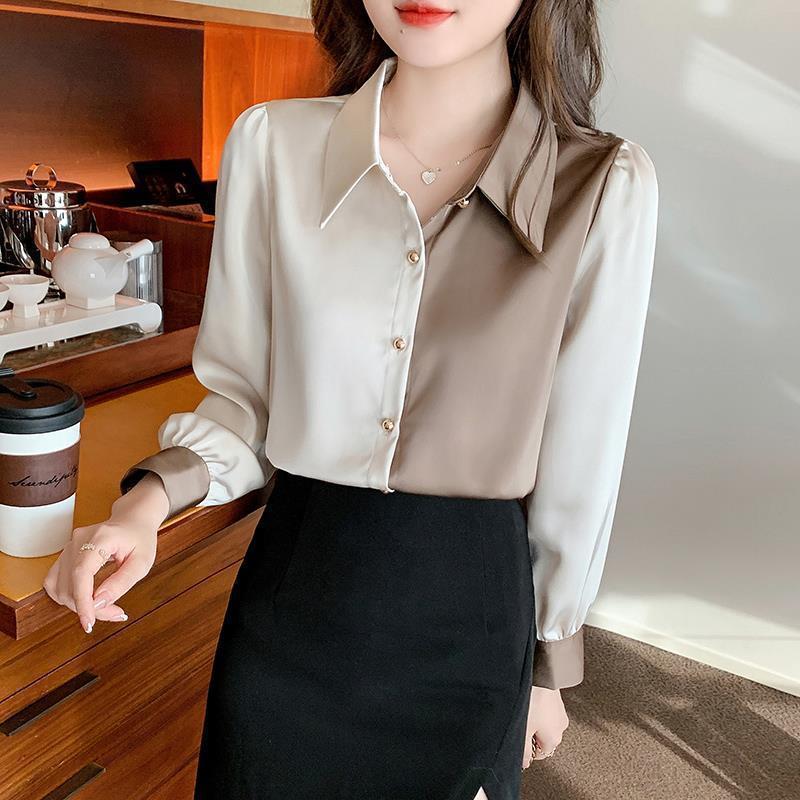 New Spring Fashion Satin Shirt Women's Long-sleeved Color-blocking Temperament Fashionable Shirt Top Design Sense