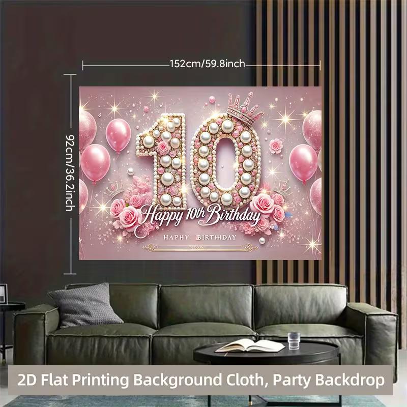 2D 10th Birthday Crown Backdrop Banner for Princess Themed Party Supplies