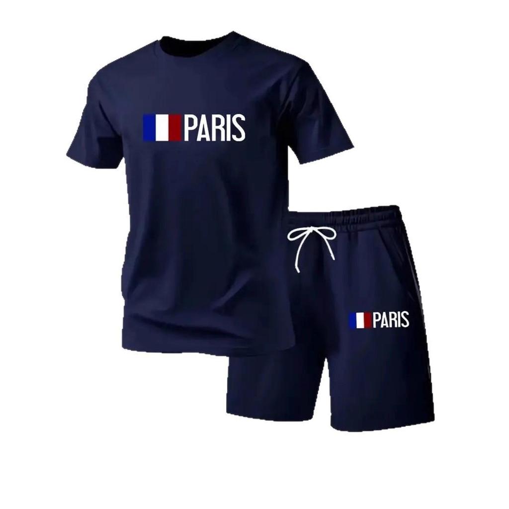 Men's Summer Heat Transfer Sports T-shirt & Shorts - Round Neck, Short Sleeve, Paris Trendy Fashion Casual Set in Stock