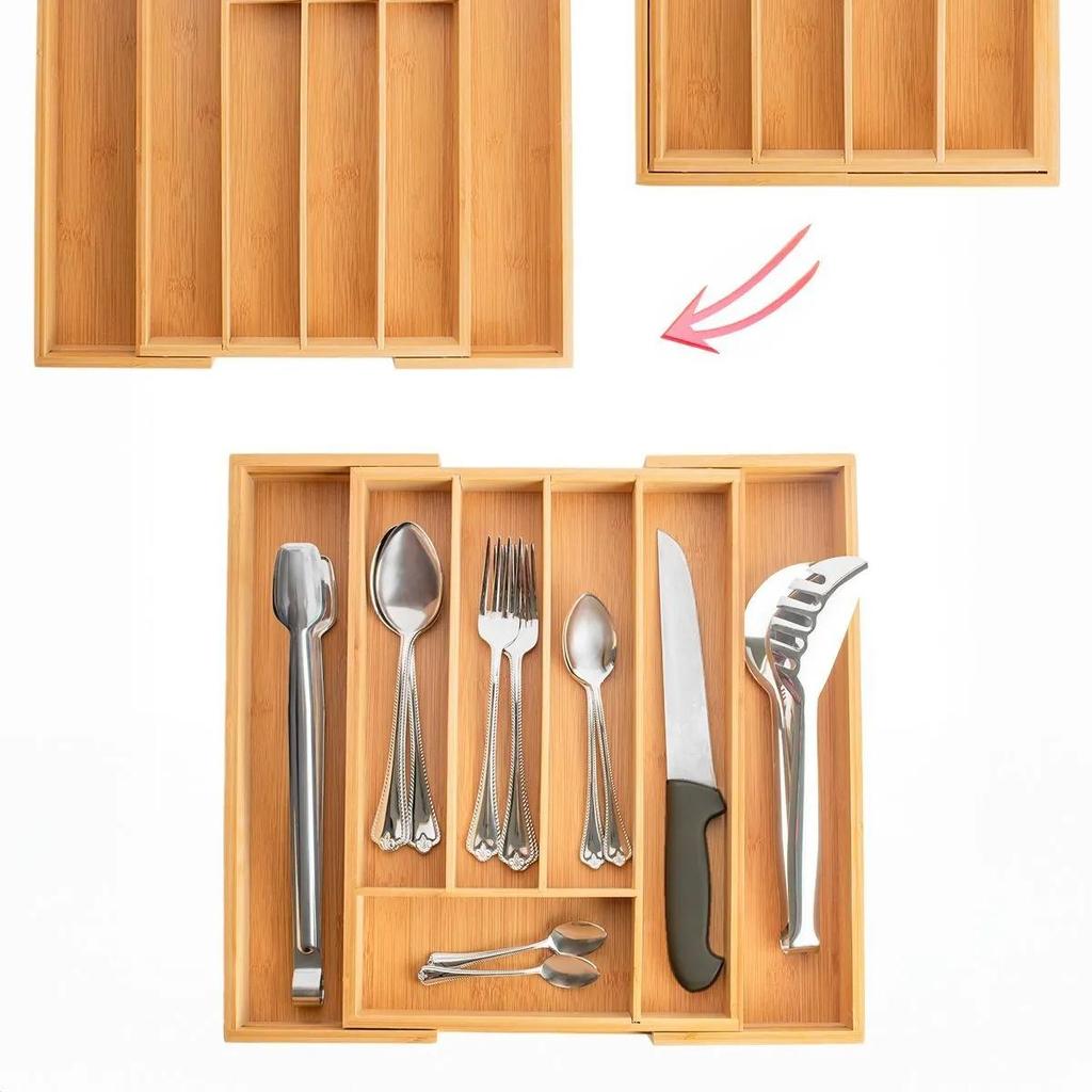 Регулируемый по размеру бамбуковый держатель для столовых приборов на 5–7 отделений - органайзер для столовых приборов на столешнице с выдвижным ящиком