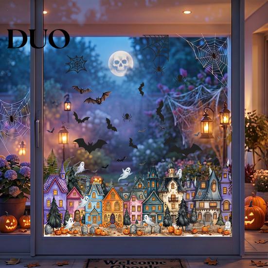 Waterproof Holiday Window Film Halloween Clings, Pumpkins Skeletons Ghosts And Bats Print Decorative Indoor Outdoor Glass Ornaments
