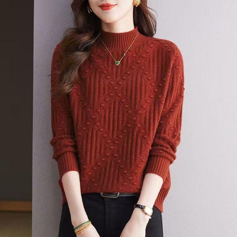 Вязаный базовый топ 2025 новинка для женщин свободного ленивого стиля ромбовидный горошек однотонный полуворотник универсальный свитер