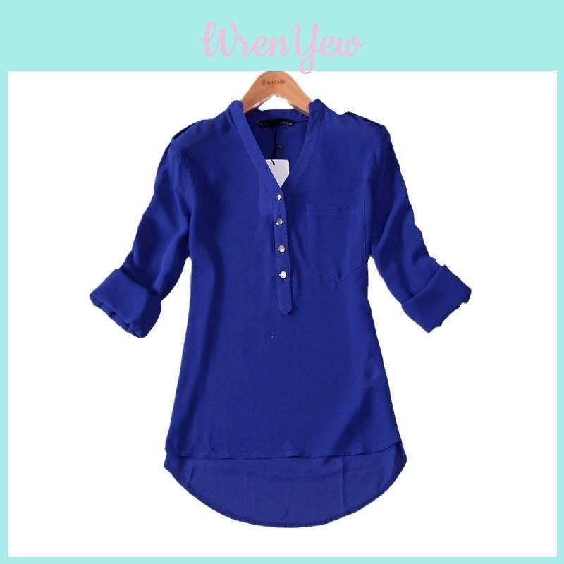 V Neck Chiffon Blouse With Large Pockets Loose Fit Long Sleeve Shirt For Women