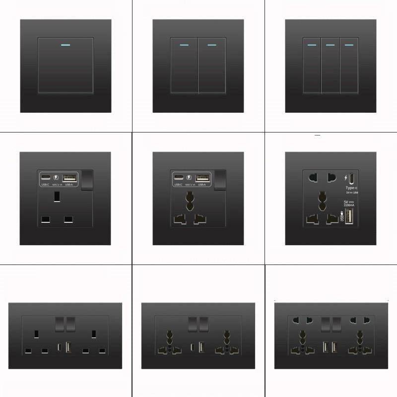 Британская розетка 13А с быстрой зарядкой USB-C, версия для Гонконга и Макао, черная, квадратная, 3 отверстия, панель 86