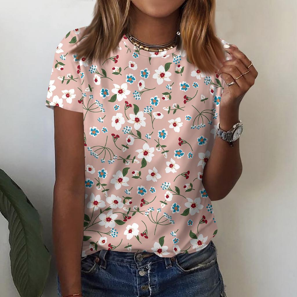 Женская футболка с короткими рукавами и круглым вырезом, модная футболка с цветочным принтом, повседневный топ, топ с короткими рукавами длиной до плеч