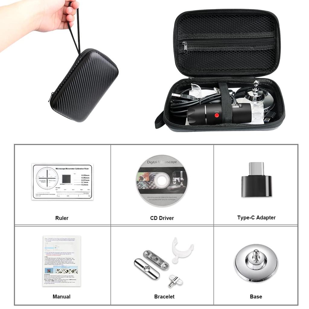 USB-камера для микроскопа Cainda Цифровой микроскоп с металлической подставкой, чехол для переноски, совместимый с Android, Windows, Linux, Mac, портативная камера для микроскопа