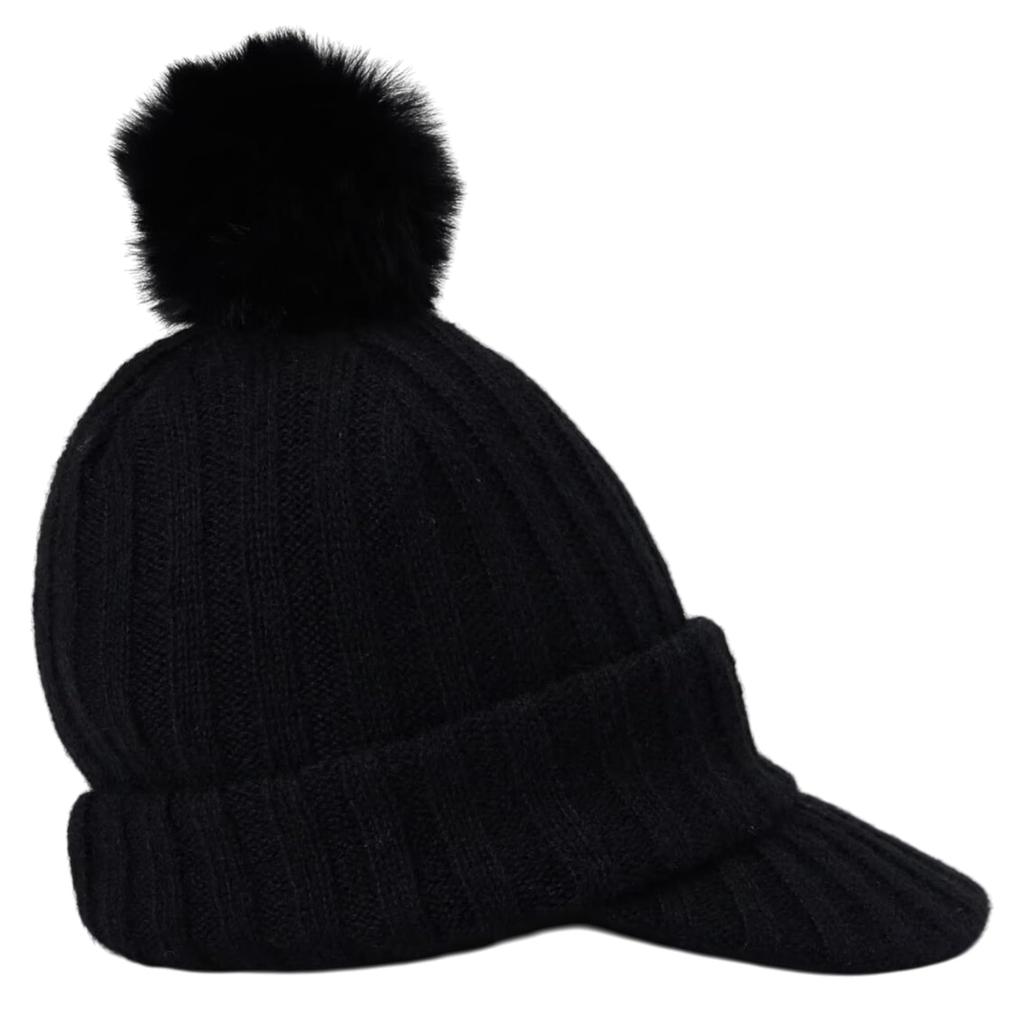 [St. Andrews] Women's Brimmed Knit Cap (with Pompom and Brand Logo)  Golf Hat  042-4287102 010Black SM