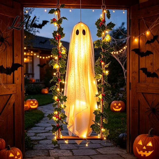 Seasonal Outdoor Party Accents Halloween Ghost Swinging Decoration with Light Berry Vine Hanging Ornament LED Lighted Tree Decor for Yard Patio,