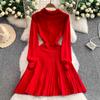 Spring Autumn Women College Stle Polo Color Full Sleeve Bowtie Knitted Sweater Mini Short Pullover Pleated Dresses