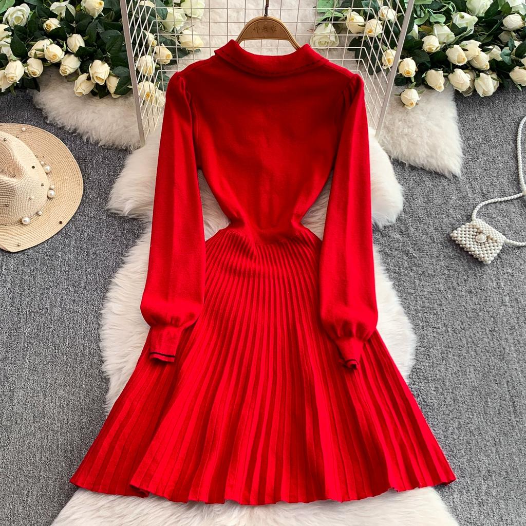 Spring Autumn Women College Stle Polo Color Full Sleeve Bowtie Knitted Sweater Mini Short Pullover Pleated Dresses