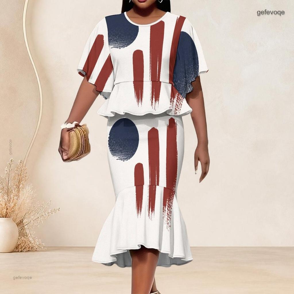 Women Plus Size Two Piece Set Round Neck Batwing Sleeve American Flag Printed Ruffle Hem Top Fishtail Skirt