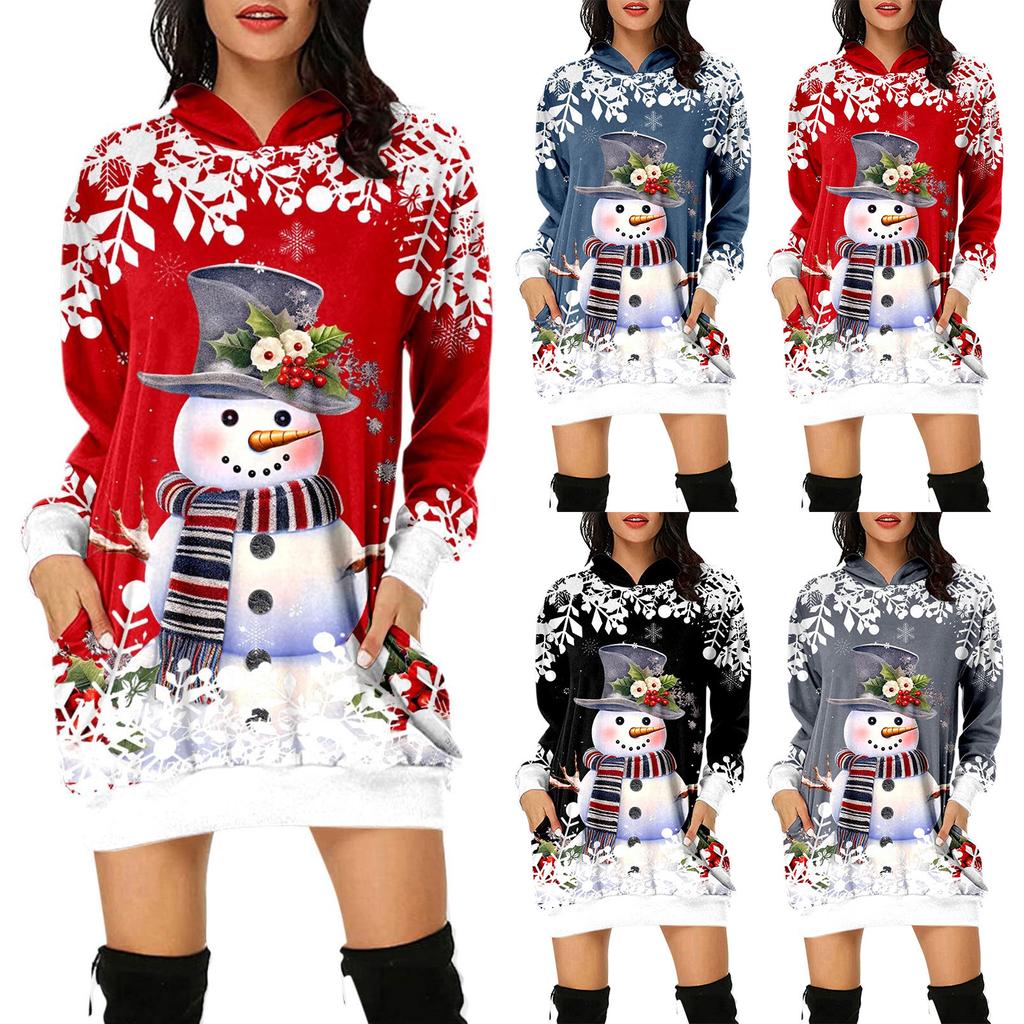 Women's Fashion Loose Casual Pocket Long Sleeve Hoodie Christmas Printed Sweatshirt Top