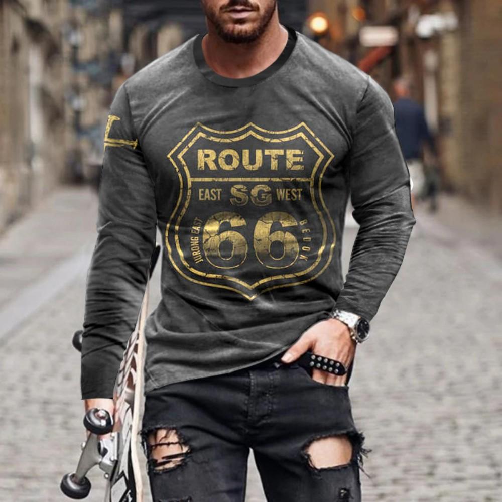 Винтажная футболка с графическим принтом Route 66 с длинным рукавом, Повседневная основа уличной моды