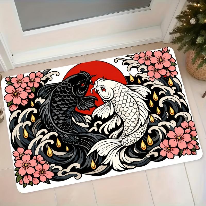1pc Japanese Koi Carp & Cherry Blossom Floor Mat Suitable for Bathroom, Kitchen, Bedroom - Non-Slip Absorbent Rug with Koi Fish, Red Sun, Ocean Wave,