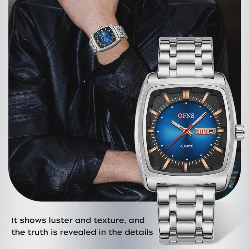 OFNS Квадратный механизм Водонепроницаемые мужские наручные часы Отображение даты и дня недели Мужские часы Роскошные кварцевые мужские часы