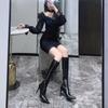 Модные черные зимние сапоги до колена с острым носком, женские сапоги из кожи, элегантные туфли на каблуке для женщин, длинные, весна 2024, ПУ