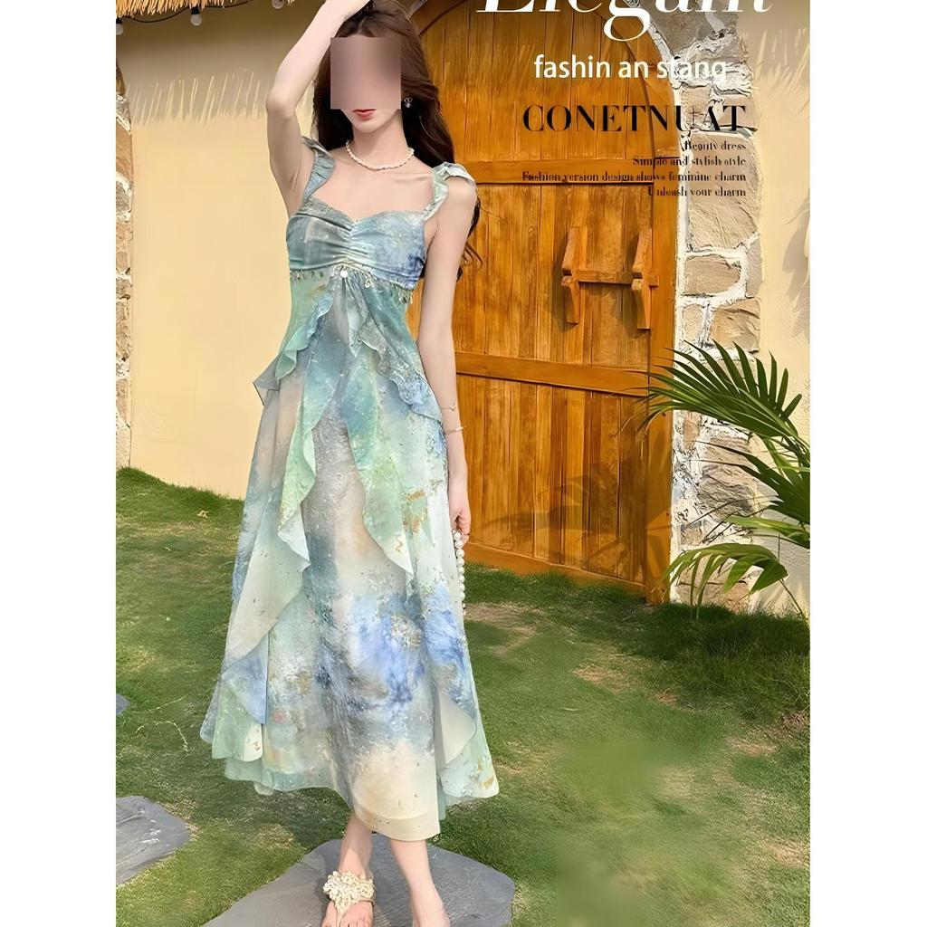 Дофамин Потрясающая картина маслом Сад Моне Платье на бретелях Женское Летнее Пляжное Уникальное С завышенной талией Платье Тиндалл