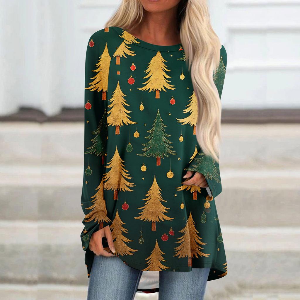 Women's Fashionable Loose Mid-length Round Neck Pullover Christmas Printed Raglan Sleeves Long-sleeved Casual Top
