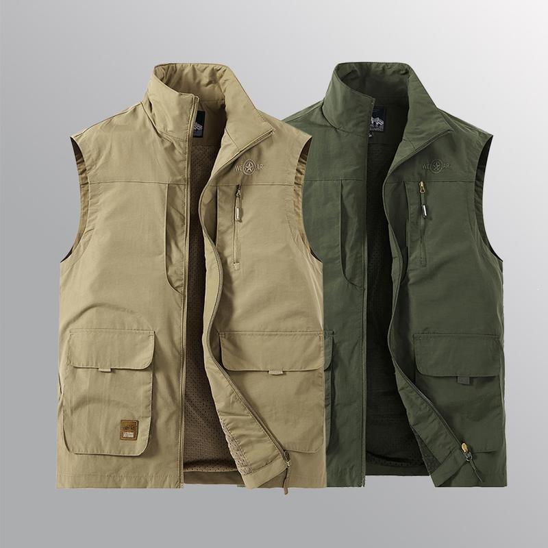 Men's Multi-Pocket Vest Khaki Cotton Rabbit Fur Standing Collar Casual Sports