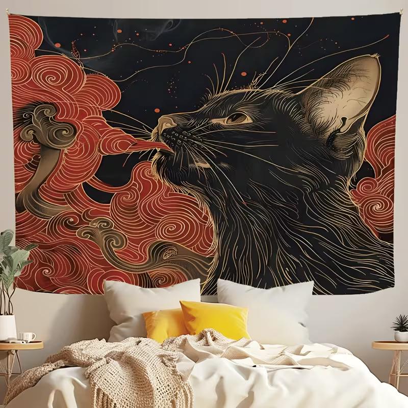 Мистический черный кот, 2D гобелен, настенное искусство в японском стиле с красными облаками для дома
