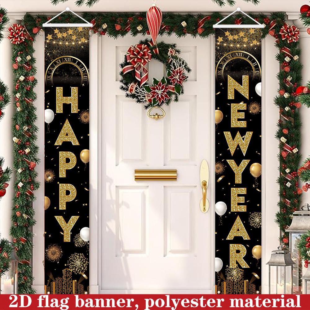 Happy New Year Couplet Banner Golden Black 1 Pair Polyester 180x30cm Indoor Outdoor Decor