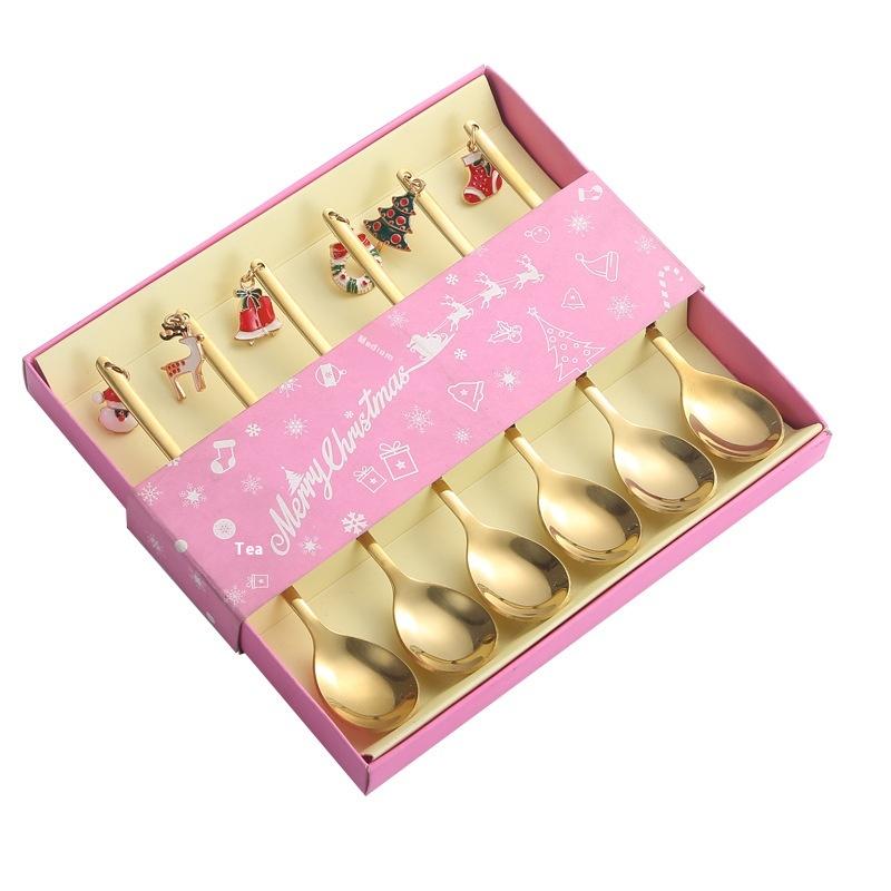 6 шт. Рождественские ложки Набор кофейных столовых приборов Набор столовых приборов из нержавеющей стали Десертная ложка Вилки Рождественские подарки Лось Рождественское украшение