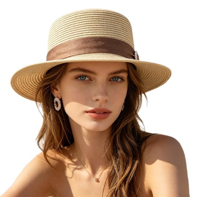 Hat Women's New Summer Flat Top Hat Seaside Sun Hat European and American Sun Hat Beach Sunscreen Hat