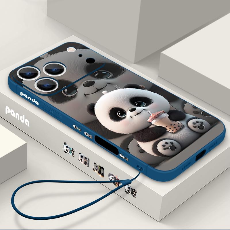 Чехол для iPhone 17 Pro Max с Пандой, пьющей молочный чай, с мягким силиконовым ремешком-шнурком, Чехол для iPhone 16 Pro Max, Чехол iPhone 15 14 13 12 11 16E Air