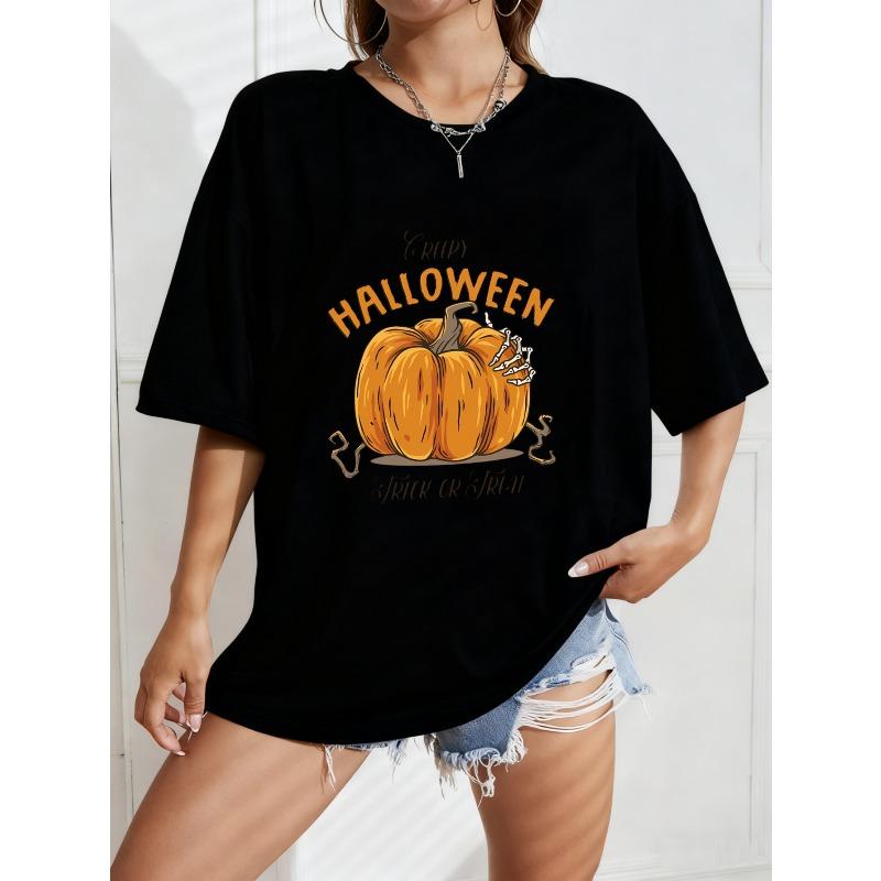Хэллоуинская футболка с принтом тыквы и надписью Trick or Treat для женщин, повседневная одежда, костюм для вечеринки, сезонный модный топ