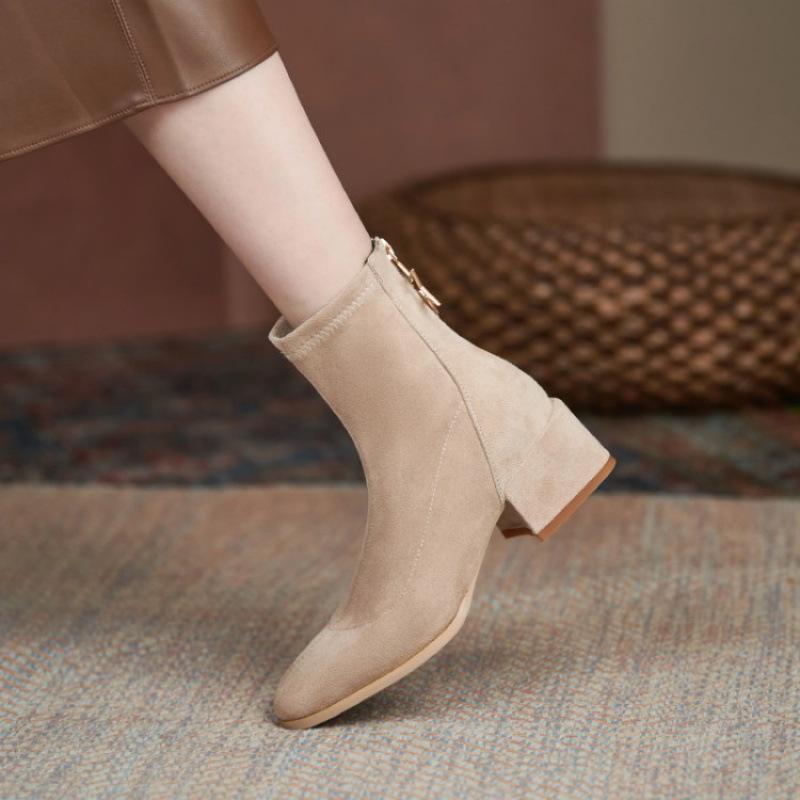 Осенне-зимние замшевые модные ботильоны женские средний каблук задняя молния большой размер женские ботинки круглый носок квадратный каблук новая резиновая подошва низкие ботинки