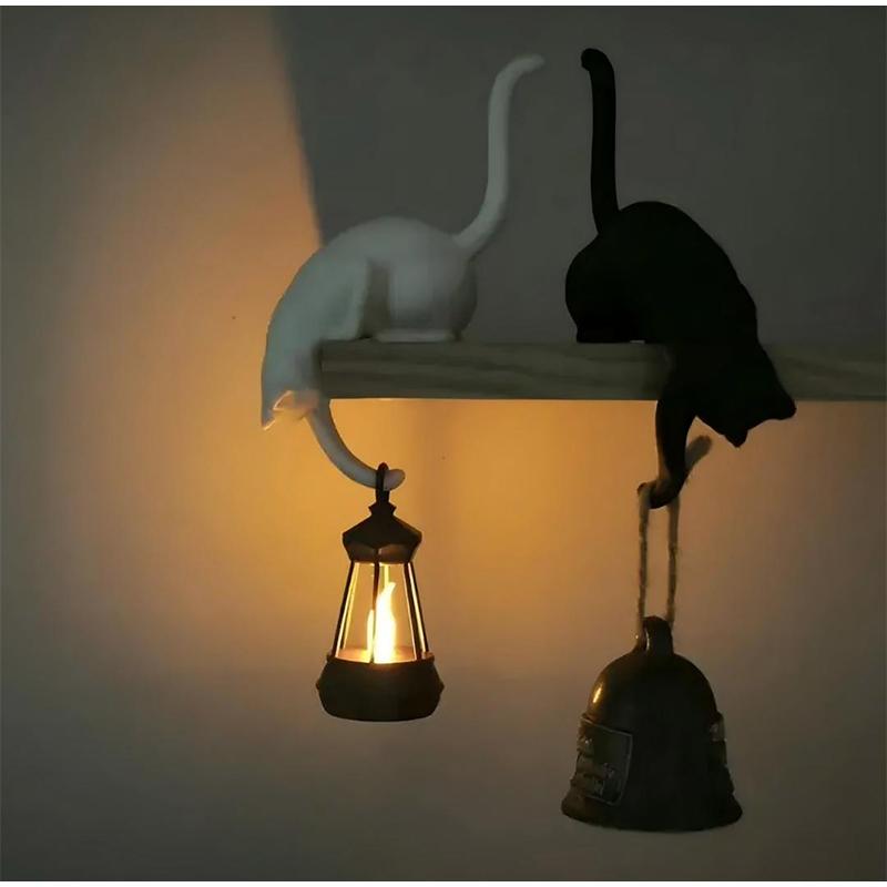 Gothic Cat Shelf Hook with Lantern Statue Funny Figurine Ornament Handmade Resin Figurine for Desk Bookshelf Bedroom Decor