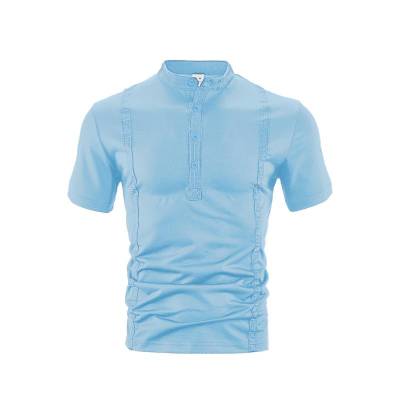 Men Stand Collar Button Placket Short Sleeve Henley T Shirt Slim Fit Casual Top