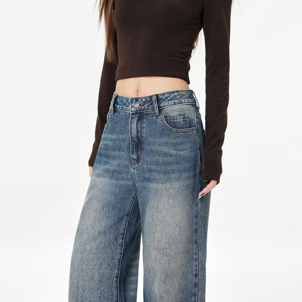 American Spice Girl High Waist Retro Straight Wide Leg Jeans Women's Spring New Lazy Slack Floor Pants