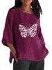 Женская мода Топ с рукавом 3/4 Весна&лето Круглый вырез Принтованная футболка Женский пуловер Хлопково-льняная блузка