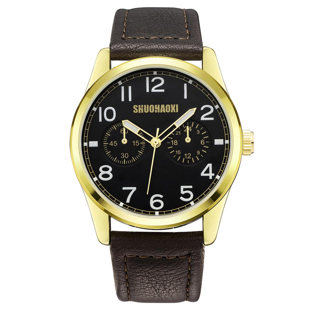Retro Style Black Leather Strap Men's Watch Large Digital Casual Men's Quartz Watch